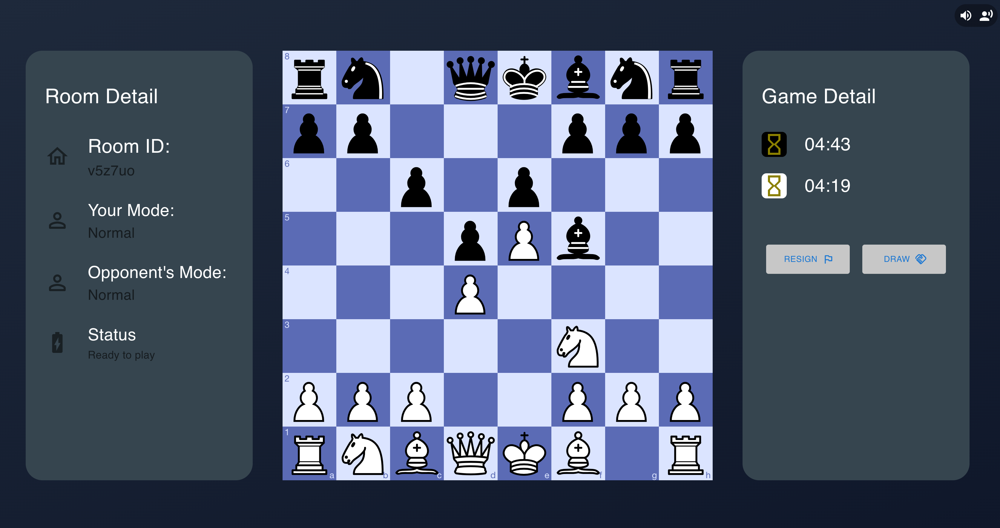 ChessBlindly multiplayer game UI — three-panel layout with Room Detail (shareable room code, per-player mode), the chess board, and Game Detail (live timers, resign/draw)