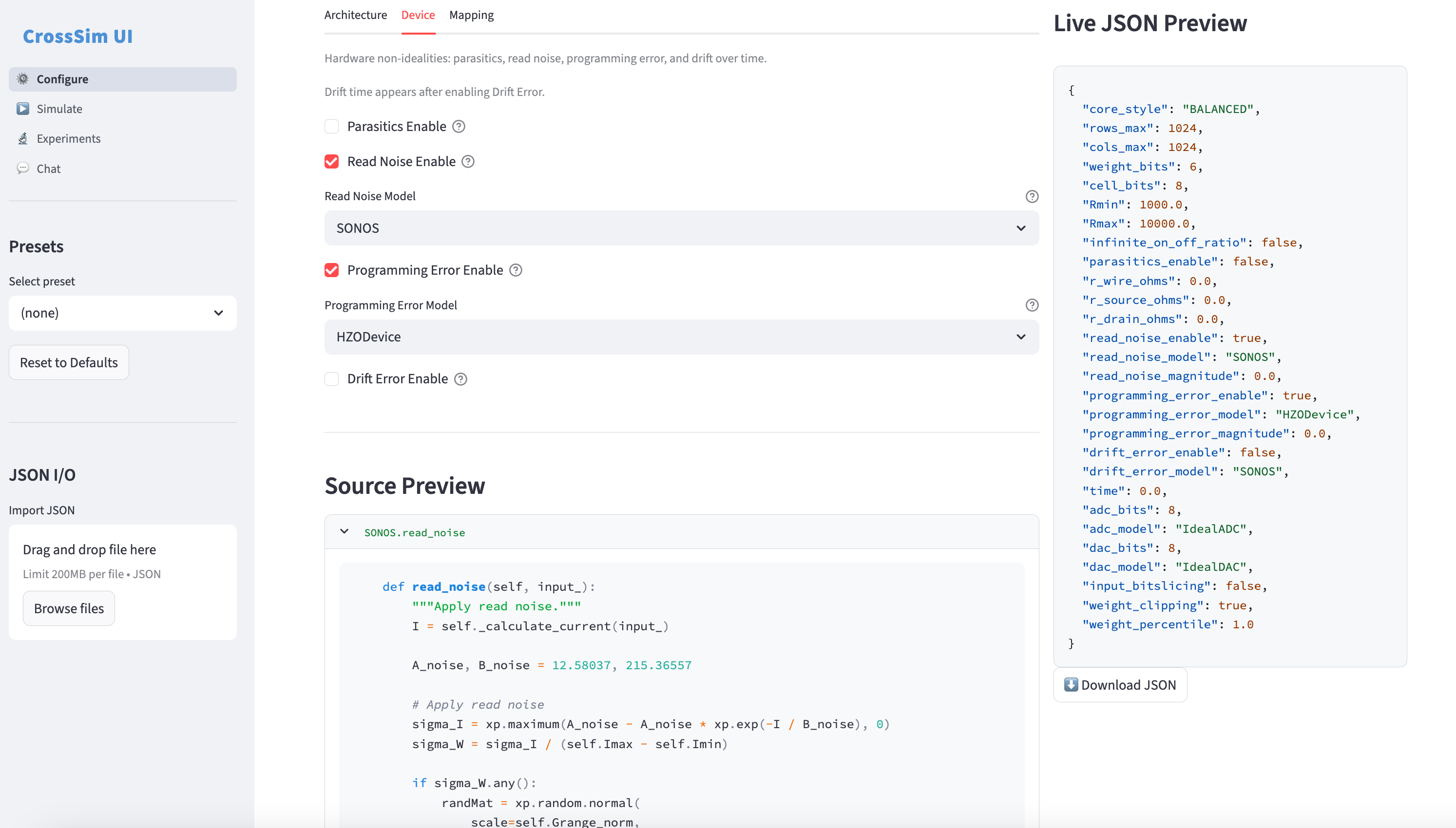 CrossSim UI — Device tab configuring SONOS read-noise and HZODevice programming-error models, with live JSON config preview