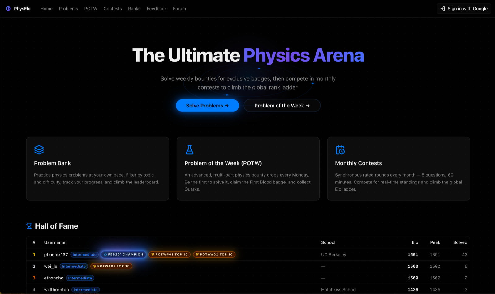 PhysElo landing page — "The Ultimate Physics Arena"