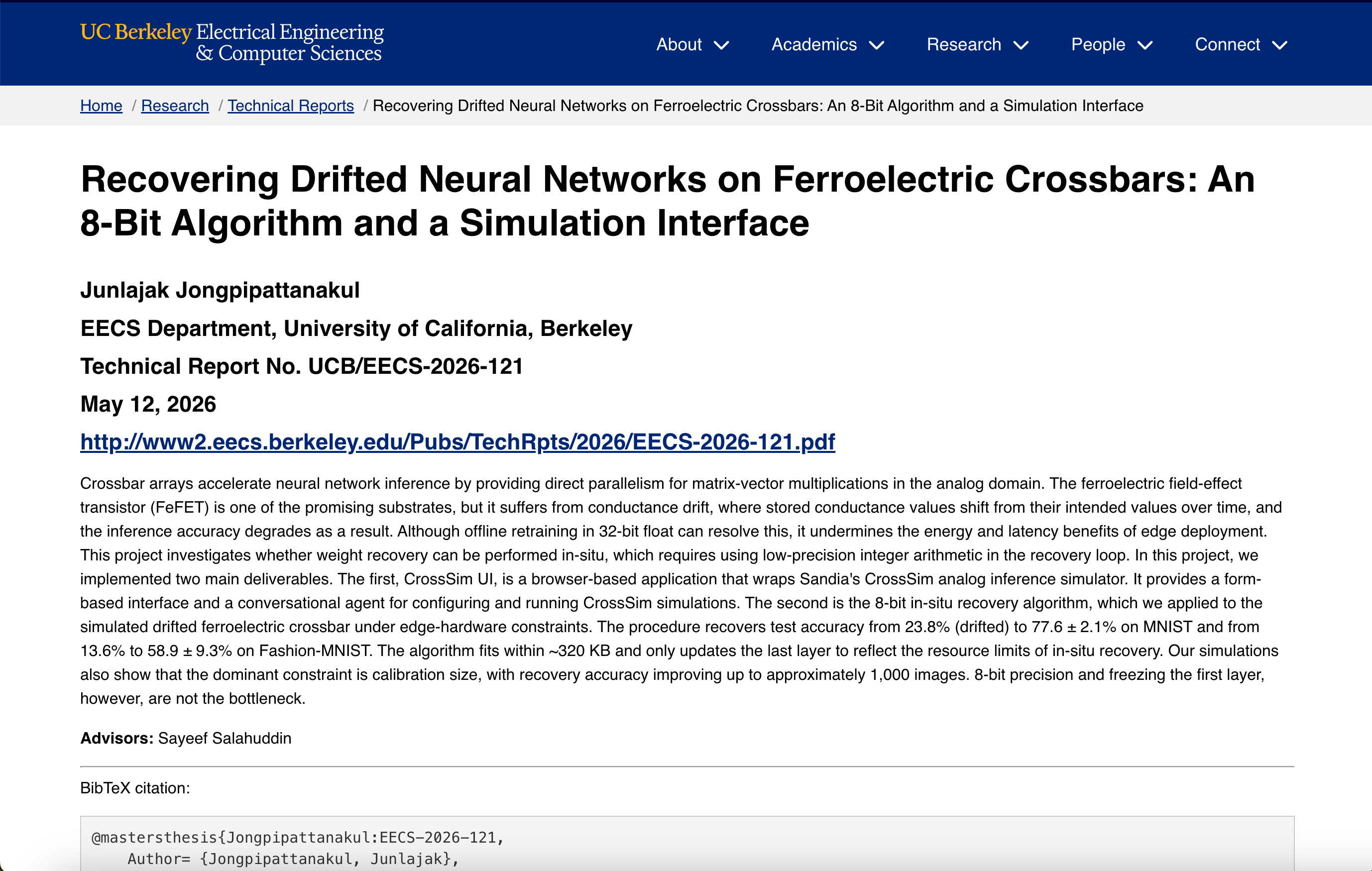 Berkeley Tech Report UCB/EECS-2026-121 landing page — title, author Junlajak Jongpipattanakul, EECS Department UC Berkeley